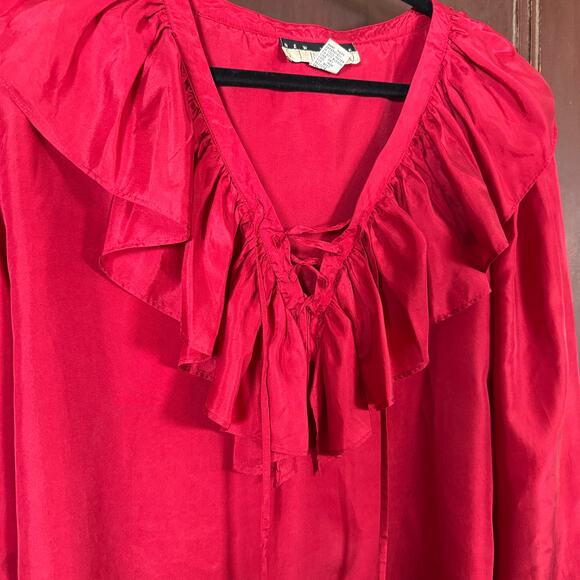 90s Vintage NEW YORK STUDIO | Deep Red Silk Ruffle neck Poet's Blouse | Medium - Picture 5 of 5
